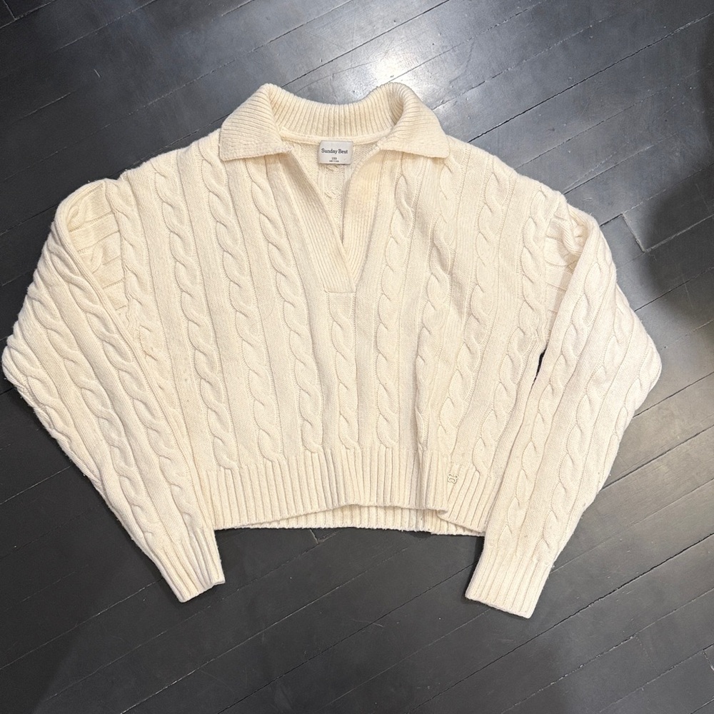 Aritzia Sunday Best Cable Knit Cream Sweater. Wool Blend
